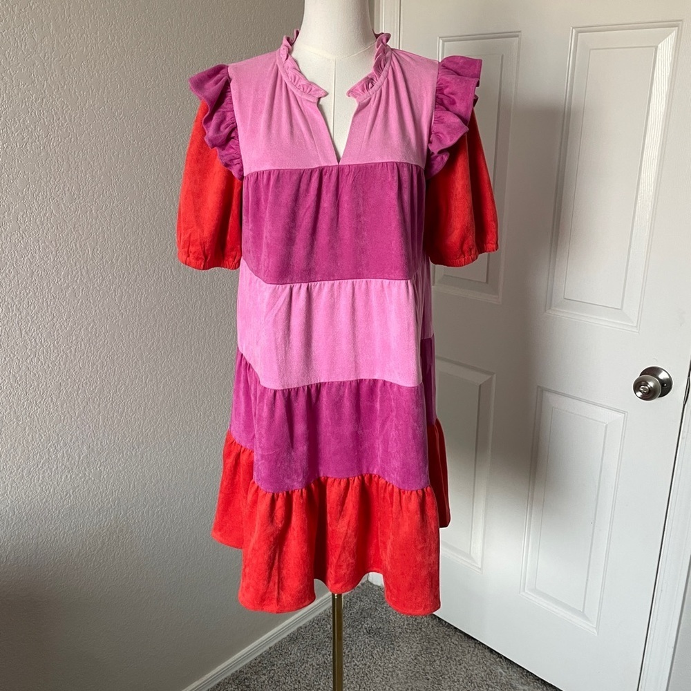 Colorblock Ruffle Sleeve Mini Dress in Pink & Red